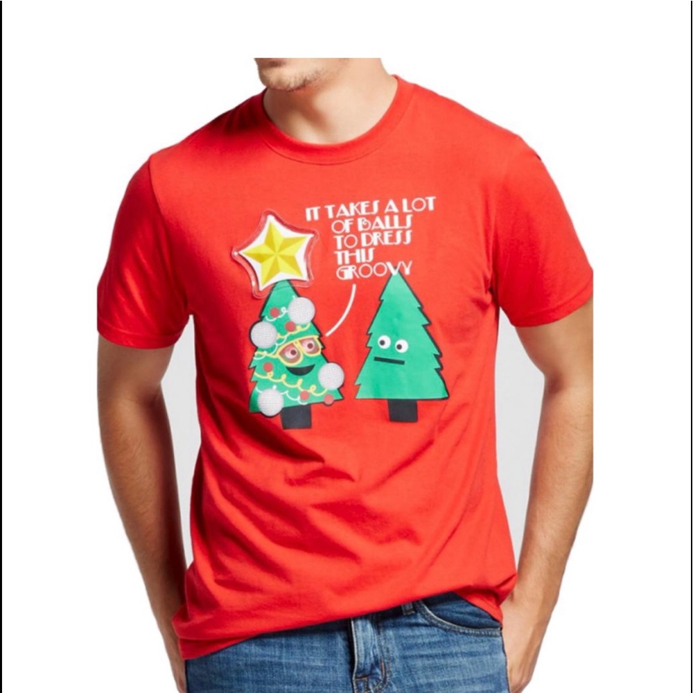 Lights Up Red Christmas Tree Printed T-Shirt